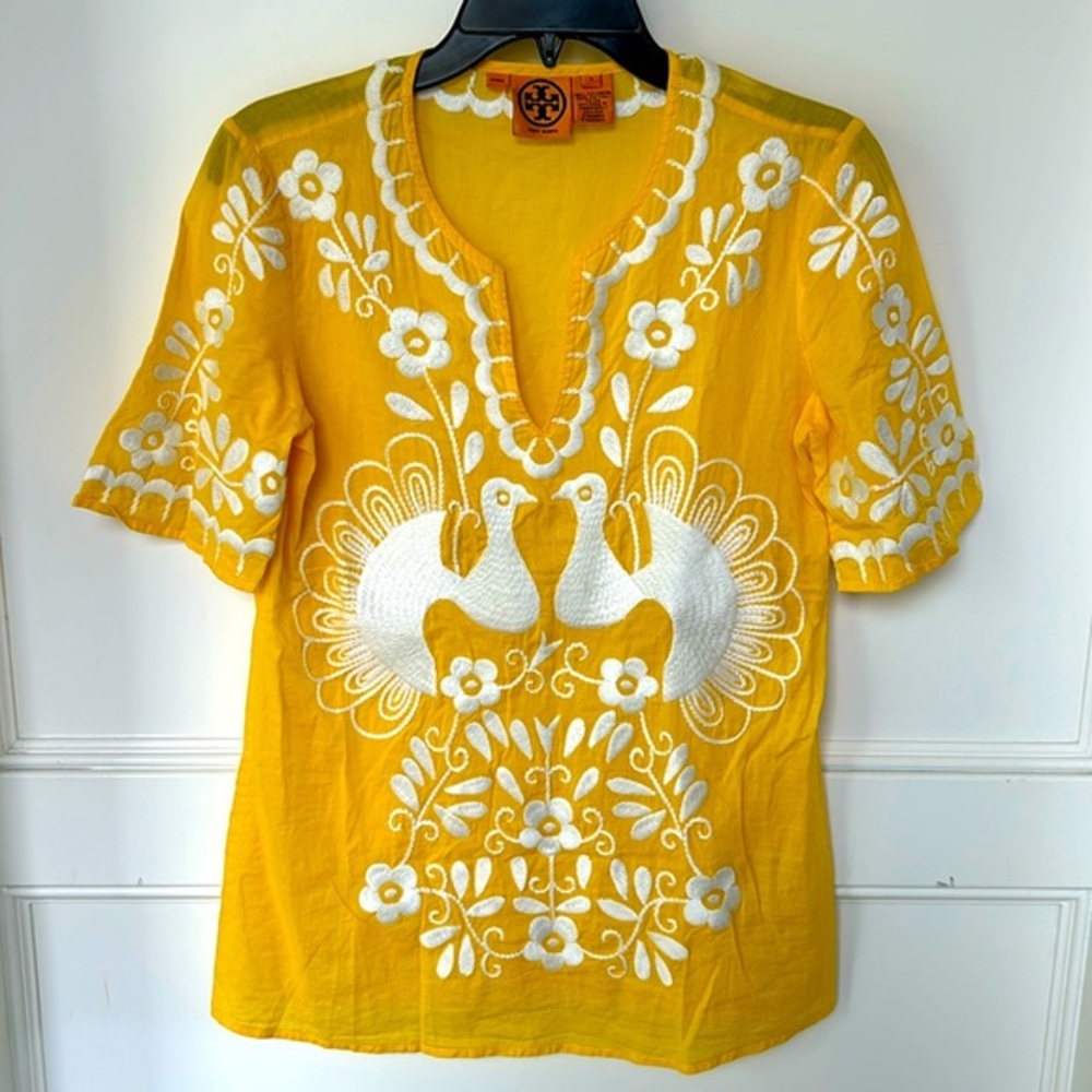 Tory Burch Yellow Short Sleeve Embroidered Peasant Top with White Motif